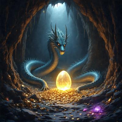 Primary subject: A dragon holding an egg.

Setting/background: A dark cave with a glowing light.

Visual style: Digital art.

Colors and mood: The dragon is blue, and the egg is yellow. The overall atmosphere is mysterious and fantastical.